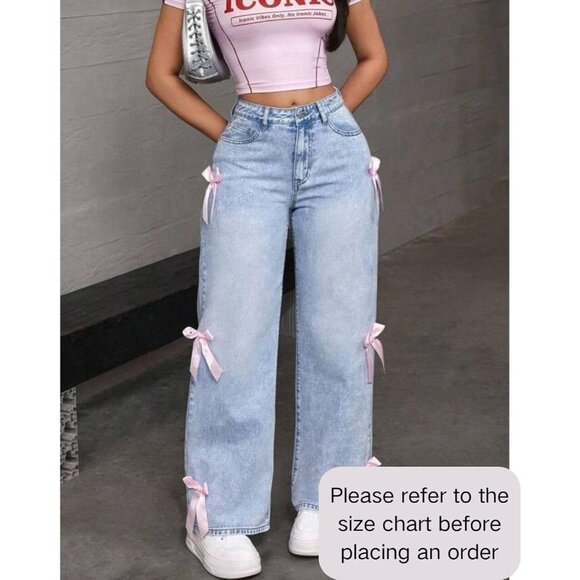 Baggy Women's Jeans High Waist Straight Leg Bow Design Casual Pants - Picture 2 of 5